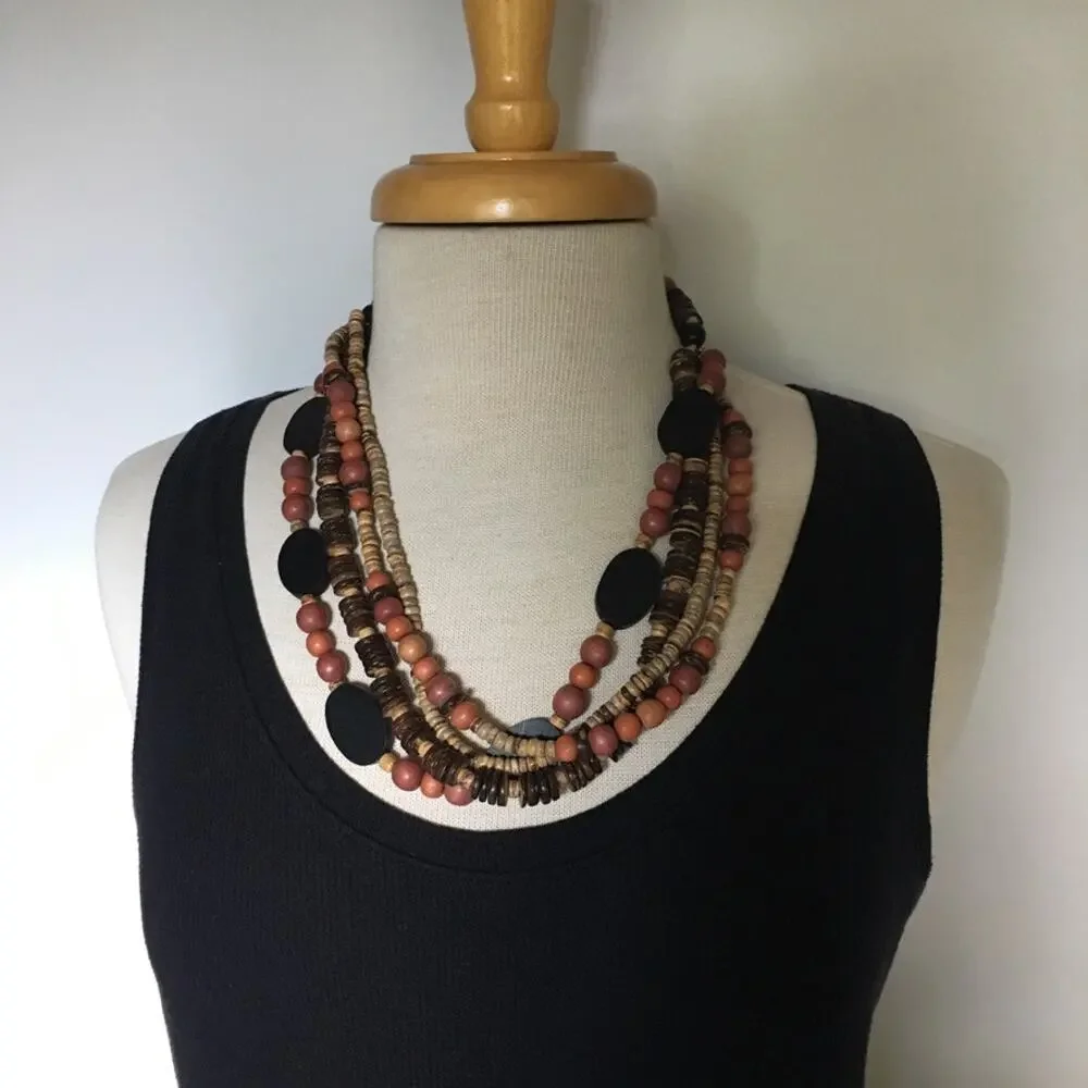 Gorgeous warm wooden bead multi-strand statement necklace
